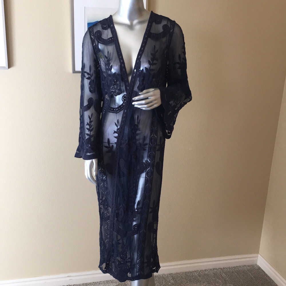 TRIBAL JEANS | Duster Long Jacket Floral Embroidery On Mesh